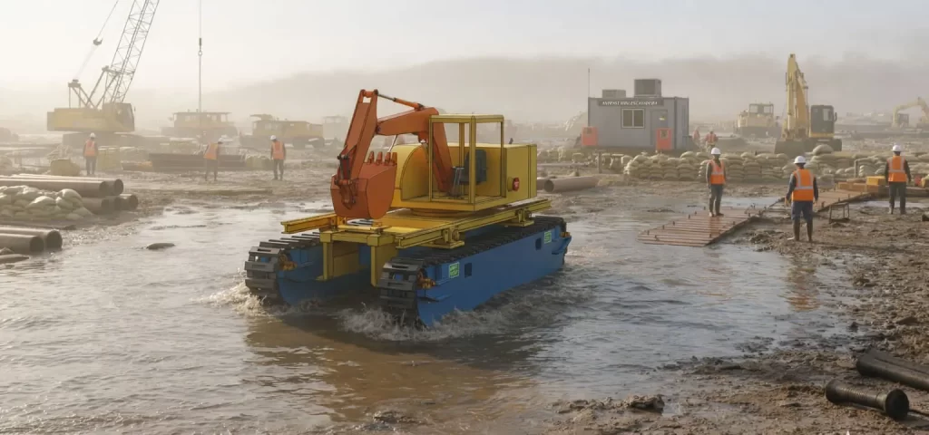 Mini Escavadeira Anfíbia Anfifast tecnologia, eficiência e produtividade para atender às demandas de setores estratégicos como dragagem, mineração, obras de infraestrutura e serviços ambientais